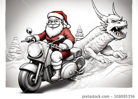 Drawing of santa riding motorcycle with dragon on the back. Generative AI 108095356