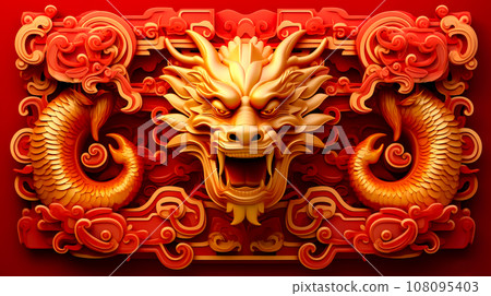 Golden dragon head on top of red and gold wall with ornate designs. Generative AI Golden dragon head on top of red and gold wall with ornate designs. Generative AI 108095403