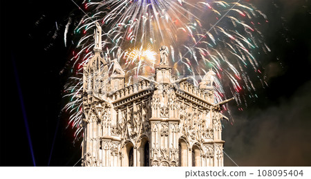 Celebratory colorful fireworks over the Saint-Jacques Tower (Tour Saint-Jacques). Located on Rivoli street, Paris, France. This 52 m Flamboyant Gothic tower (XVI century) Celebratory colorful fireworks over the Saint-Jacques Tower (Tour Saint-Jacques). Located on Rivoli street, Paris, France. This 52 m Flamboyant Gothic tower (XVI century) 108095404