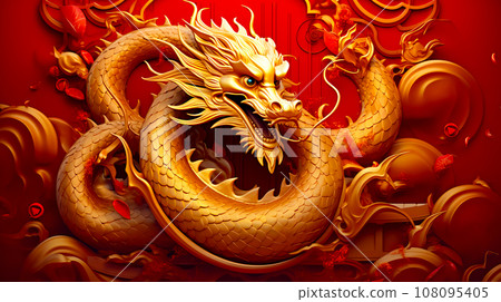 Golden dragon statue sitting on top of red floor next to red wall. Generative AI 108095405