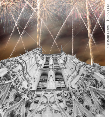 Celebratory colorful fireworks over the Saint-Jacques Tower (Tour Saint-Jacques). Located on Rivoli street, Paris, France. This 52 m Flamboyant Gothic tower (XVI century) Celebratory colorful fireworks over the Saint-Jacques Tower (Tour Saint-Jacques). Located on Rivoli street, Paris, France. This 52 m Flamboyant Gothic tower (XVI century) 108095438