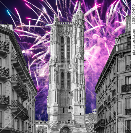 Celebratory colorful fireworks over the Saint-Jacques Tower (Tour Saint-Jacques). Located on Rivoli street, Paris, France. This 52 m Flamboyant Gothic tower (XVI century) Celebratory colorful fireworks over the Saint-Jacques Tower (Tour Saint-Jacques). Located on Rivoli street, Paris, France. This 52 m Flamboyant Gothic tower (XVI century) 108095449