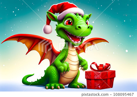 Green dragon wearing santa claus hat next to red gift box. Generative AI Green dragon wearing santa claus hat next to red gift box. Generative AI 108095467