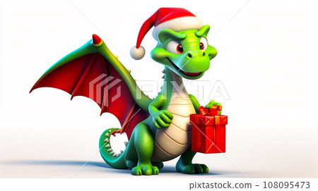 Green dragon wearing santa hat and holding red gift box with red ribbon. Generative AI 108095473