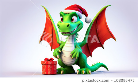 Green dragon wearing santa hat next to gift box with red ribbon. Generative AI 108095475