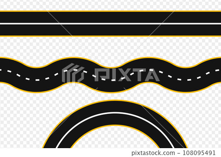 Set of Bending roads and highways vector illustrations. Road, winding highway isolated. Road with white lines 108095491