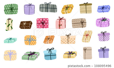 Gift box cartoon set icon. Christmas gifts, New Year presents. Holiday presents wrapped in festive paper wrapping, decorated with ribbon bows, strings and twines. Gift box cartoon set icon. Christmas gifts, New Year presents. Holiday presents wrapped in festive paper wrapping, decorated with ribbon bows, strings and twines. 108095496