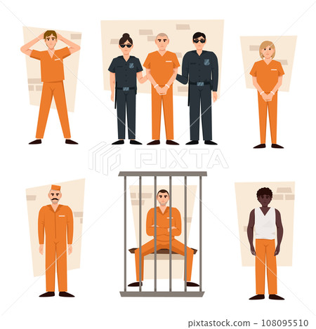 Various scenes from a prison on a white background. Vector illustration in a flat style. Prisoner men and women wearing orange prison uniforms 108095510