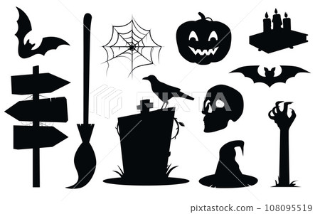 Collection of halloween silhouettes. Design of witch, creepy and spooky elements for halloween decorations Collection of halloween silhouettes. Design of witch, creepy and spooky elements for halloween decorations 108095519