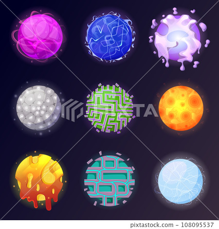 Magical game orbs with glowing neon effect. Magic crystal balls, energy spheres with light effect. Witchcraft glass orbs glowing isolated on dark background 108095537
