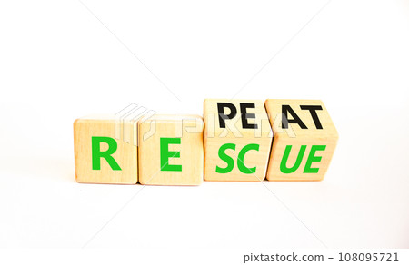 Rescue and repeat symbol. Concept words Rescue Repeat on wooden block. Beautiful white table white background. Business rescue and repeat concept. Copy space. 108095721