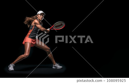 A fictional people. Female tennis player is trying to hit a tennis ball. Place for text, copy space. AI-generated A fictional people. Female tennis player is trying to hit a tennis ball. Place for text, copy space. AI-generated 108095925
