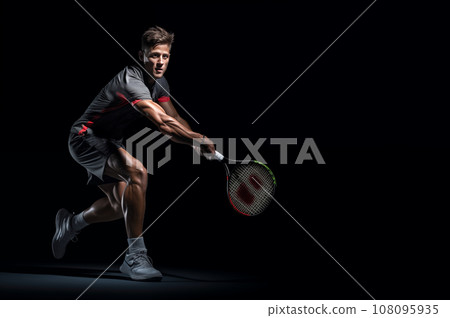 A fictional people. Tennis player is trying to hit a tennis ball. Place for text, copy space. AI-generated A fictional people. Tennis player is trying to hit a tennis ball. Place for text, copy space. AI-generated 108095935