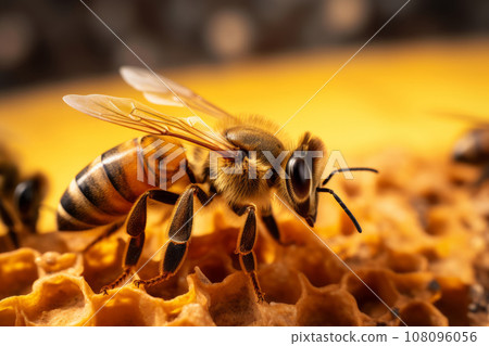 Honey bee with details of the honeycomb structure. Generative AI Honey bee with details of the honeycomb structure. Generative AI 108096056