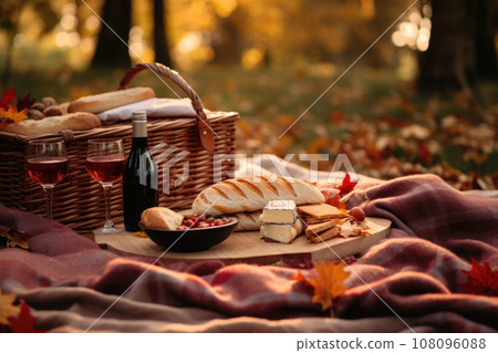 Cozy autumn picnic in the park with sandwiches and a plaid blanket. Generative AI Cozy autumn picnic in the park with sandwiches and a plaid blanket. Generative AI 108096088