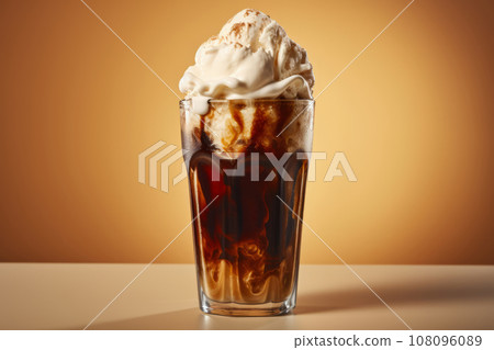 Cold root beer float with vanilla ice cream on an orange background. Generative AI 108096089