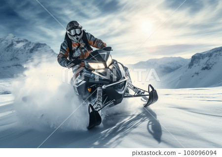 Snowmobile riding in deep snow powder during backcountry tour. Outdoor activity during winter holiday on ski mountain resort. Generative AI 108096094