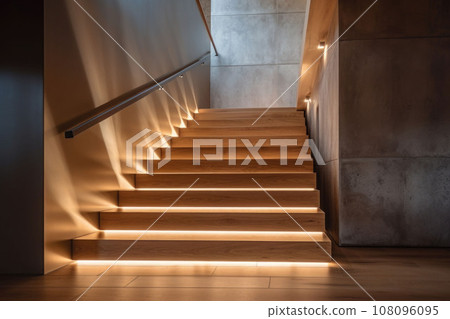 Wooden staircase to first floor inside contemporary house. Generative AI 108096095