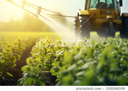 Tractor sprays pesticides on field with sprayer. Generative AI 108096099