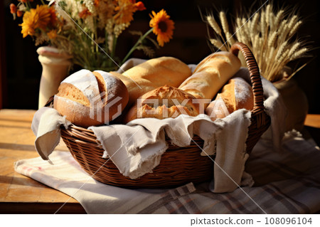 Freshly baked bread with crispy crust cut and served on basket. Generative AI 108096104