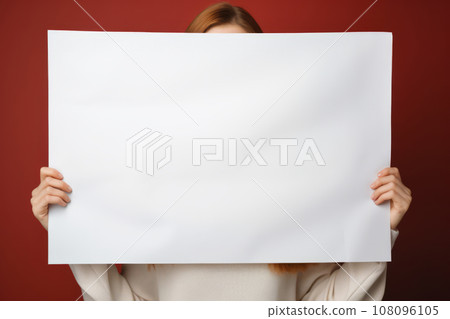 Woman holds a white paper poster. Woman hidden behind a big placard. Generative AI 108096105