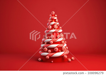 Creative Christmas tree of candy cane lollipops on red background. Generative AI 108096279