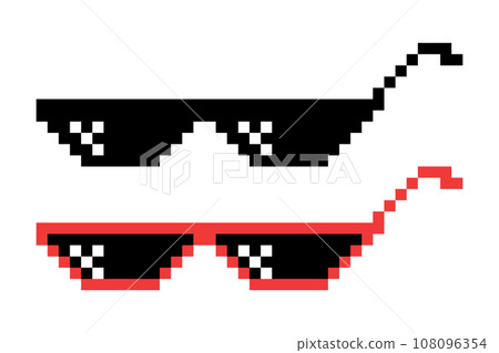 Vector Pixel Boss Glasses Icon Set in 8 bit Retro Style. Summer Meme Game Thug Design, Mafia Gangster Funky Sunglasses. Rap Music Design Element 108096354