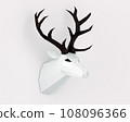 low poly white deer trophy with black horns on white background, polygonal sculpture, 3d rendered 108096366