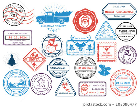 Christmas stamps set, Santa Claus mail, New-Year rubber stamps collection, vector 108096477