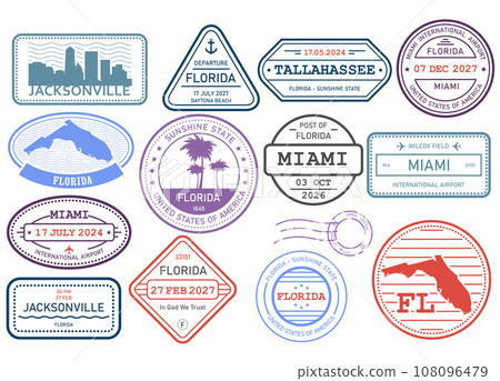 Florida stamps set, postage stamp with symbols of state and map outline, vector 108096479