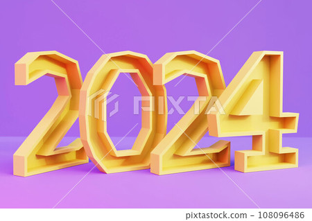 Yellow 3D Number 2024 on a violet background, symbol new year, 3d rendering 108096486