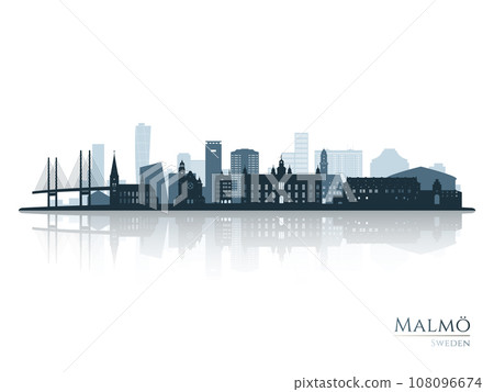 Malmo skyline silhouette with reflection. Malmo skyline silhouette with reflection. 108096674