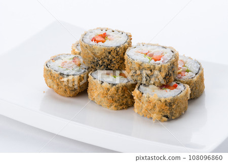 Japanese food restaurant, sushi maki gunkan roll plate or platter set. Sushi set and composition 108096860