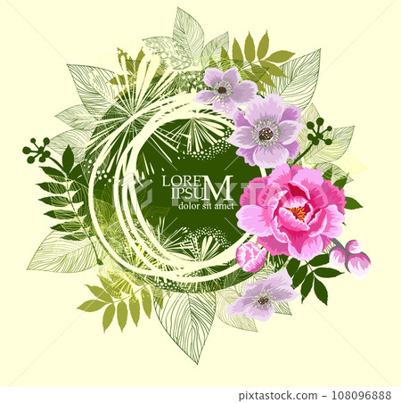 Round watercolor template with green leaves and circular place for text. hand drawing with pink flowers. Not AI, Illustrat3. Vector illustration 108096888