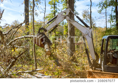 Trees cleared from during land landscaping work with tractor skid steer for housing complex construction 108097077