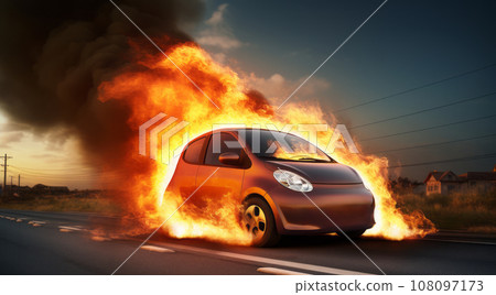 A dramatic scene in a city street, electric or hybrid no brand silver car is engulfed by intense orange flames from internal battery. Generative AI 108097173