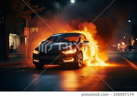 A dramatic scene in a city street, electric or hybrid no brand silver car is engulfed by intense orange flames from internal battery. Generative AI 108097174