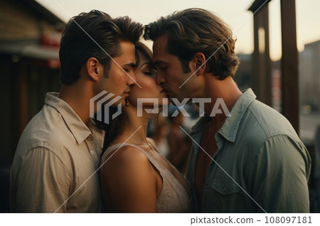 Two man and one women kissing. Polygamy or bigamy. Threesome concept. Generative Ai 108097181