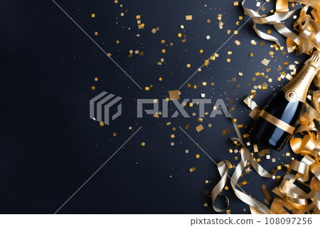 Top view of festive background party streamers, confetti with golden champagne bottle. December Holidays concept with copy space. Generative Ai 108097256