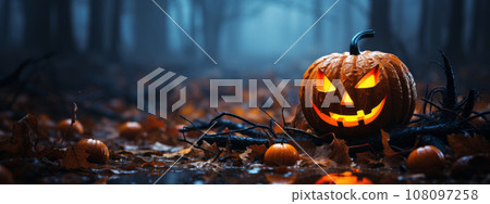 A mysterious, glowing Jack o' Lantern surrounded by thick, mystical fog, creating an eerie atmosphere. Ideal for web banner with copy space. Generative Ai 108097258