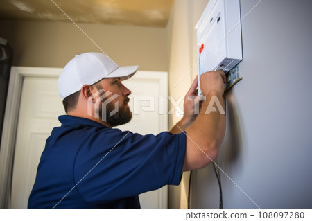 A technician installing a home security system and explaining its operation to homeowners. Generative AI 108097280