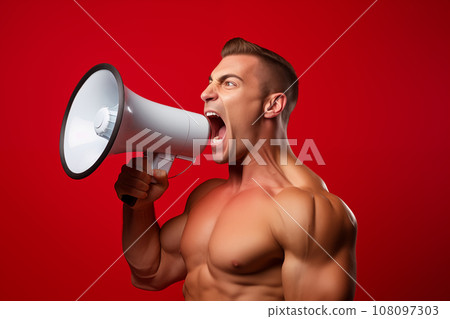 Excited male bodybuilder , shouting into megaphone on red background. Generative Ai 108097303