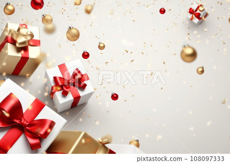 White background with festive gifts box, red ribbon, golden Christmas balls, glitter and confetti. Generative AI White background with festive gifts box, red ribbon, golden Christmas balls, glitter and confetti. Generative AI 108097333