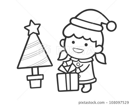 Christmas: Children in Santa costumes and Christmas tree [monochrome, line drawing, no background] 108097529
