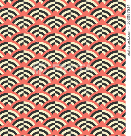 Half circle abstract modern seamless pattern. Geometrical grid. Black white, red colors palette. Web vintage ornamental background. Vector illustration 108097634