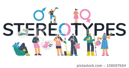 Gender stereotypes vector concept with female and male gender symbols, men and women have different social roles Gender stereotypes vector concept with female and male gender symbols, men and women have different social roles 108097684