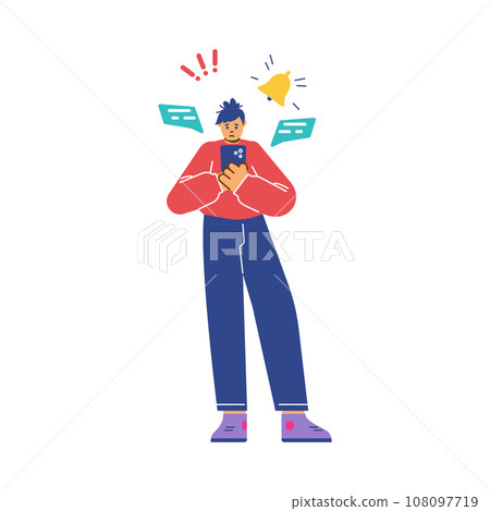 Man obsessed with social media and having FOMO disorder, flat vector isolated. 108097719