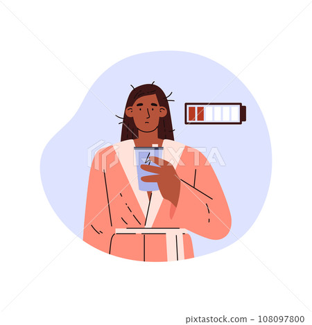 Exhausted woman cheers herself up with an energy drink, flat vector isolated. 108097800