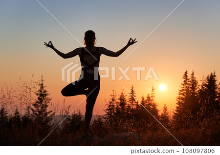 Silhouette of sporty woman doing yoga exercises at early morning. Meditation with view of mountains. Girl in gym suit practicing yoga poses. 108097806