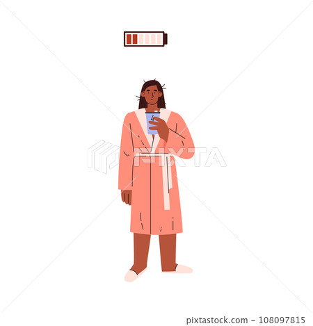 Tired, bored woman in pajamas with a mug of energy drink, vector low energy level of life battery charge indicator Tired, bored woman in pajamas with a mug of energy drink, vector low energy level of life battery charge indicator 108097815